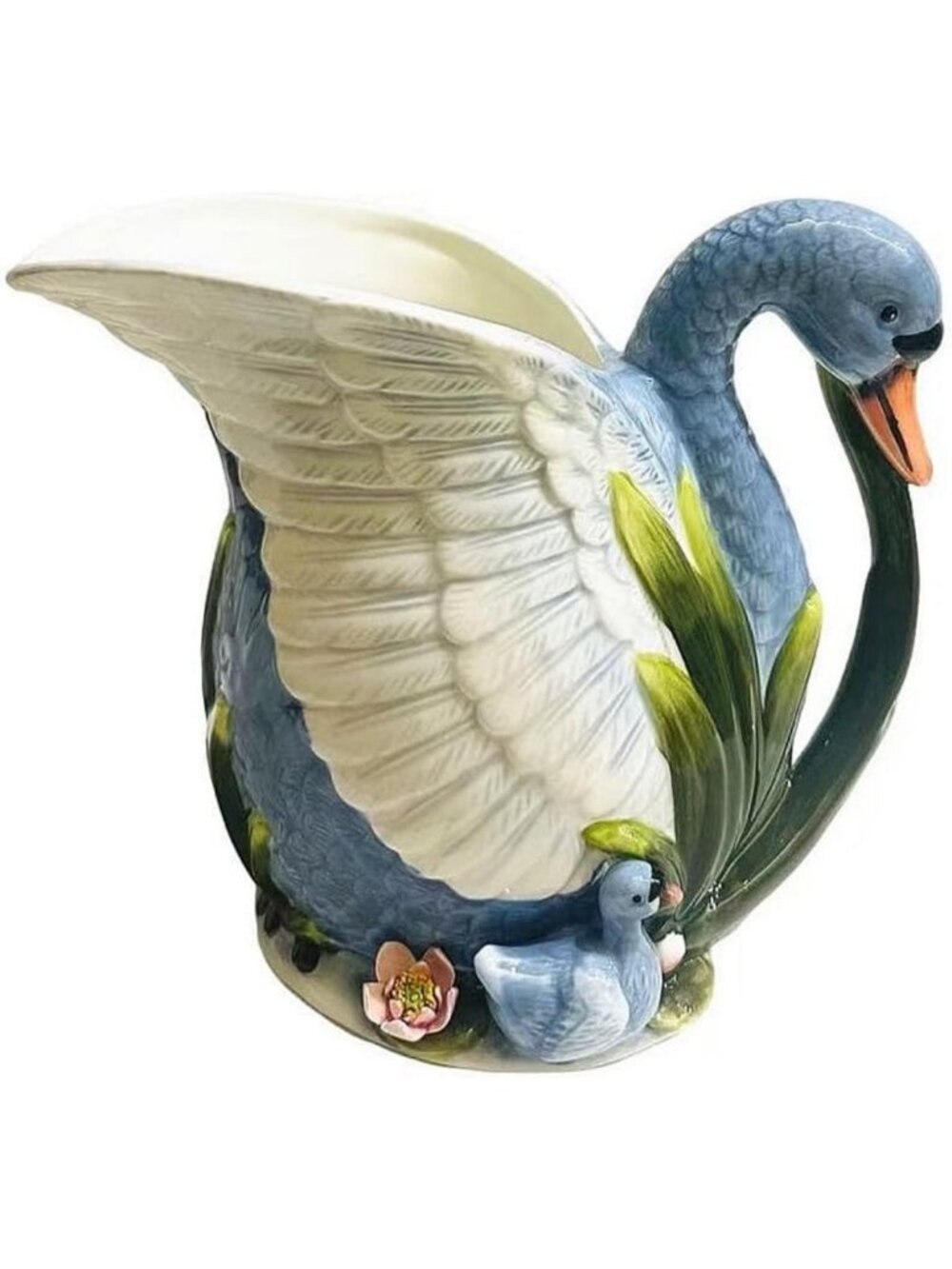 Hand-Painted Ceramic Water Pitcher & Flower Vase, Swan Design Home Decor (Blue)